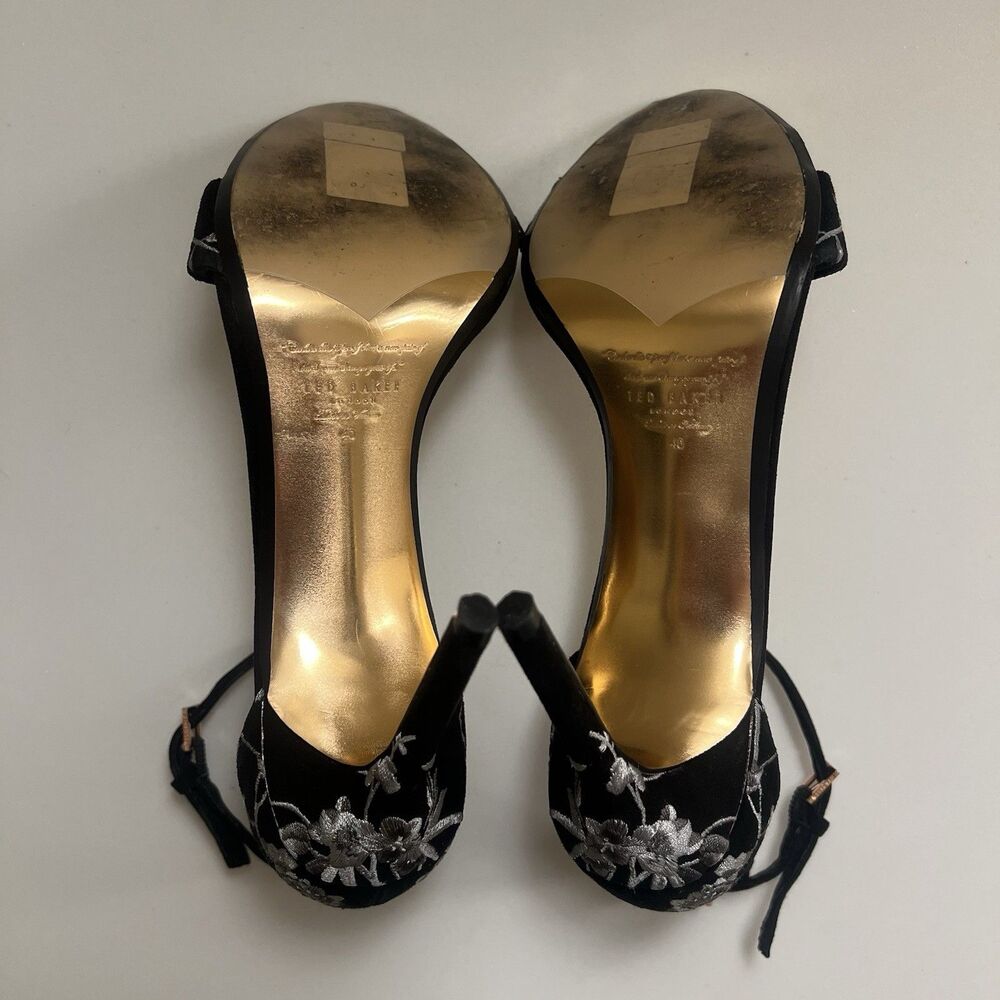 Ted Baker London NIKOAL Floral Black Velvet Ankle Strap Heel Stiletto Size 10 40 - Picture 8 of 9